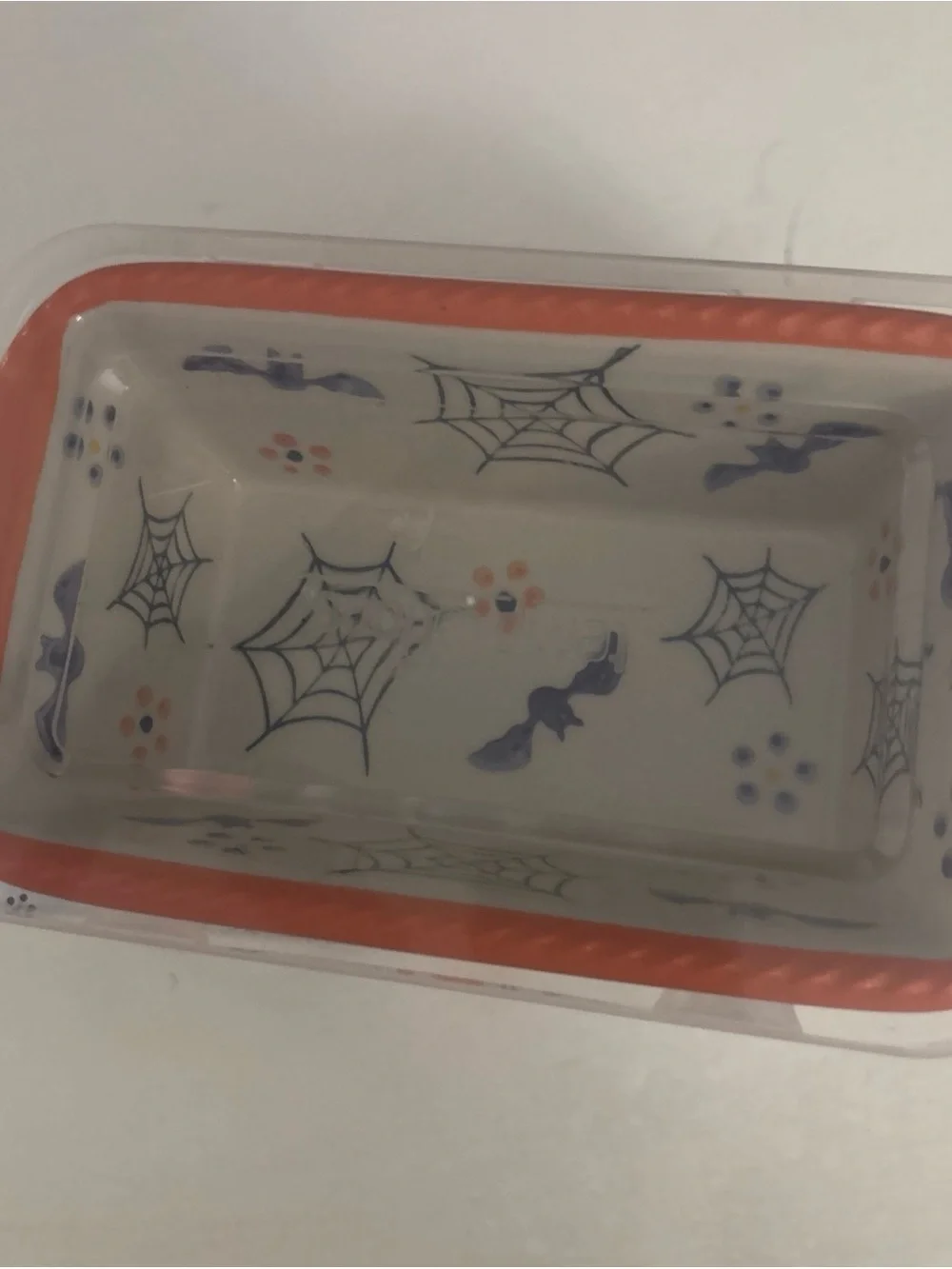 Temp-Tations Halloween 12 oz White Ceramic Loaf Dish with Blue Logo